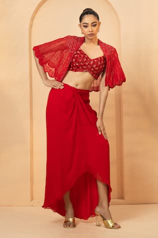 Quench A Thirst Scallop Border Embroidered Cape Dhoti Skirt Set 