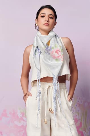 Chanderi Silk Capri Roses Print Scarf 