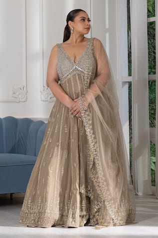 Raj Arora Crystal & Zari Embroidered Anarkali With Dupatta 