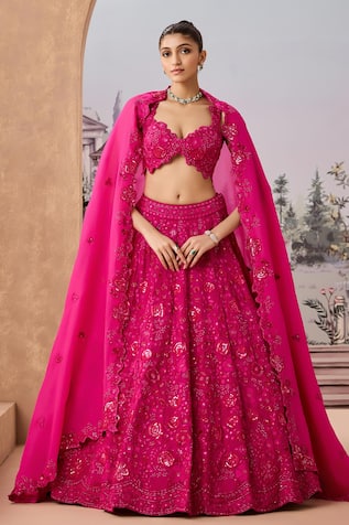 Aneesh Agarwaal Rosette Vine Embroidered Sequined Bridal Lehenga Set 