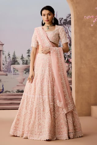 Aneesh Agarwaal Pearl Embellished Floral Scallop Bridal Lehenga Set 