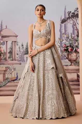 Aneesh Agarwaal Mirrorwork Embellished Gota Scallop Bridal Lehenga Set 