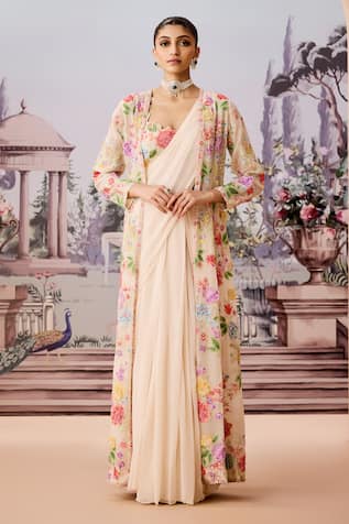 Aneesh Agarwaal Floral Embroidered Sequined Jacket Saree Set 