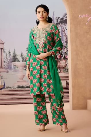 Aneesh Agarwaal Floral Blossom Printed Sequined Kurta Palazzo Set 