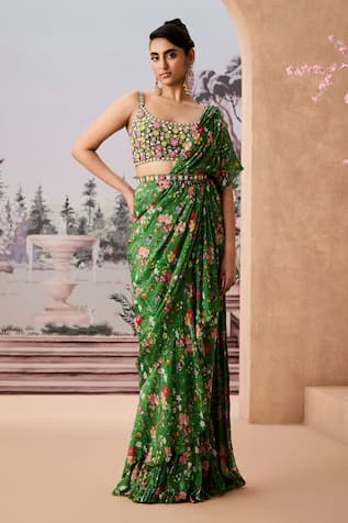 Aneesh Agarwaal Floral Chintz Printed Pre-Draped Ruffle Saree Set 