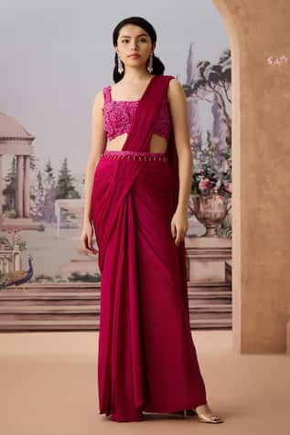 Aneesh Agarwaal Solid Pre-Draped Saree With Floral Applique Blouse 