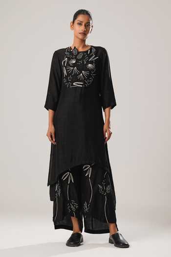 Atbw Forest Musk Embroidered High Low Kurta With Flared Pant 