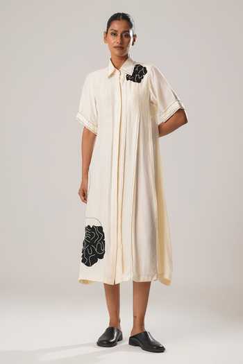 Atbw Floral Patch Embroidered Pleated Panel Shirt Dress 