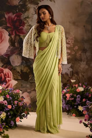 Saniya Sharma Pre-Draped Saree Set With Embellished Cape 