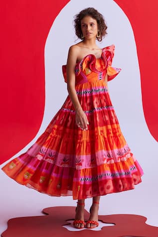 ZiP by Payal & Zinal Floral Stripe Print One Shoulder Dress 