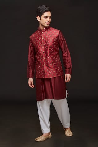 Sven Suits Floral Motif Silk Bundi Kurta Set 