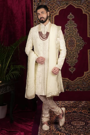 Sven Suits Floral Vine Zari Embroidered Sherwani Set 