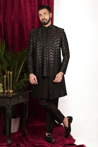 Sven Suits Chevron Embroidered Open Sherwani Set 