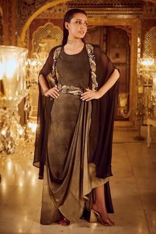 Nikita Vishakha Cowl Draped Dress With Cape 