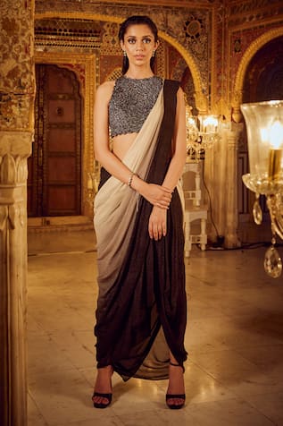 Nikita Vishakha Floral Mesh Detailed Blouse With Draped Skirt Saree 