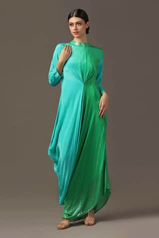 Two Sisters By Gyans Ombre Neckline Embroidered Draped Dress 