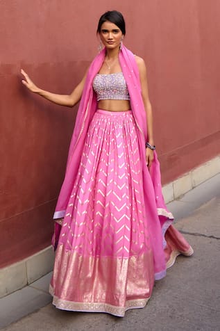 Chamee and Palak Rumi Chevron Ruched Lehenga Set 