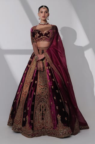 Taisha Nadia Pure Silk Velvet Embroidered Bridal Lehenga Set 