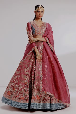 Taisha Sugna Pure Kadhwa Silk Mughal Embroidered Border Lehenga Set 