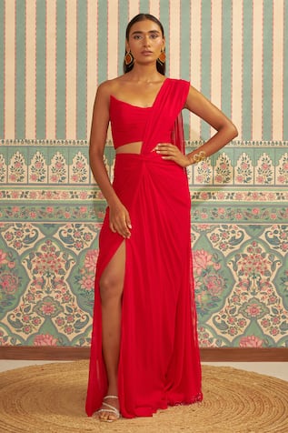 Red Pre-Draped Saree With Blouse For Kids