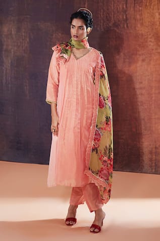 AFFROZ Neckline Embroidered A-Line Pleated Kurta Set 