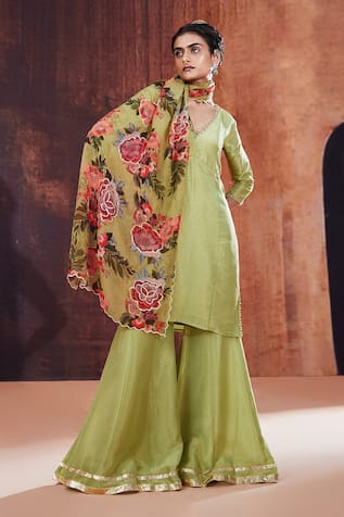 AFFROZ Floral Neckline Embroidered Kurta Sharara Set 