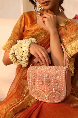 The Tan Clan Kavya Bead Studded Flap Over Clutch 