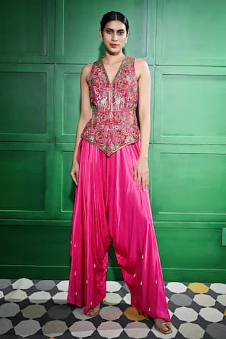 Keith Gomes Floral Embroidered Peplum Top With Draped Pant 