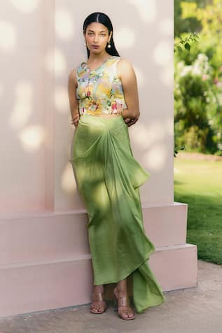 Printed Cutwork Top & Skirt Set 
