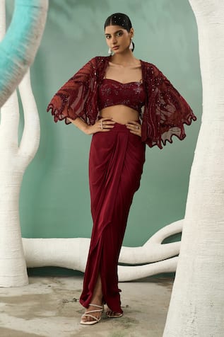 One Knot One By Ashna Starla Bloom Embroidered Shrug Draped Skirt Set 