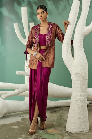 One Knot One By Ashna Floral Lapel Embroidered Metallic Blazer Draped Skirt Set 