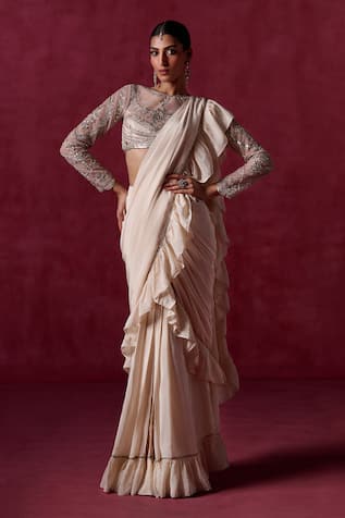 LASHKARAA Ruffle Pre-Draped Saree With Blouse 