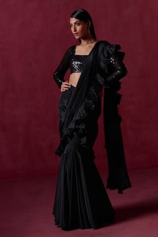 LASHKARAA Ruffle Pre-Draped Saree With Embroidered Blouse 