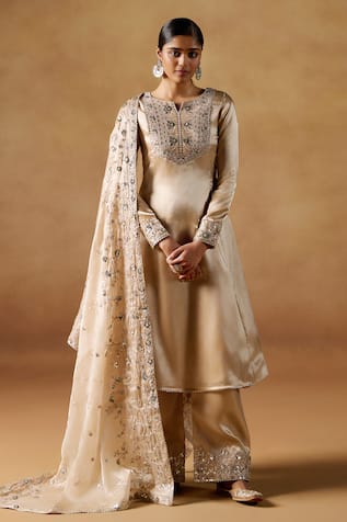 LASHKARAA Floral Zari Embroidered Yoke Kurta Palazzo Set 