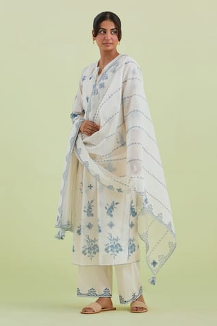 Kora Flower Hand Block Print Kurta Pant Set 