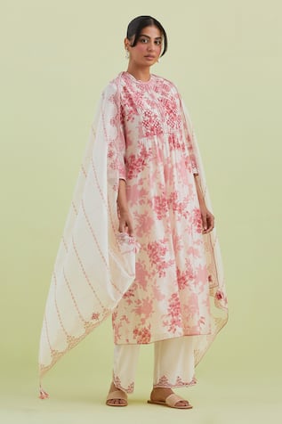 Kora Mirrror & Kantha Embroidered Kurta Pant Set 