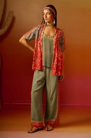 Saundh Zuri Printed Embroidered Cape Pant Set 