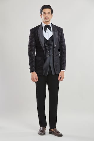 Aryavir Malhotra Stripe Sequin Detailed Tuxedo Set With Waistcoat 