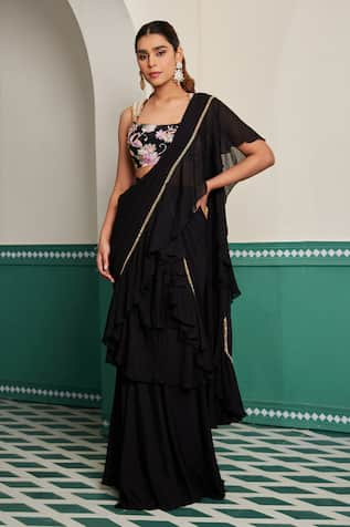 Dheeru Taneja Nargis Floral Embroidered Pre-Draped Saree With Blouse 