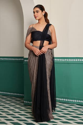 Dheeru Taneja Shireen Geometric Print Pre-Draped Saree With Draped Blouse 