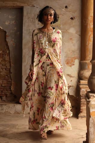 Arpita Mehta Coconut Pine Print Cape With Pant 