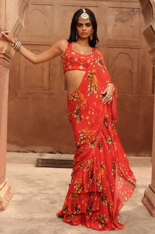 Arpita Mehta Sindori Flower Print Pre-Draped Saree With Blouse 