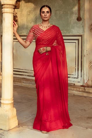 Maison Shefali Badla Detailed Saree With Unstitched Blouse Piece 