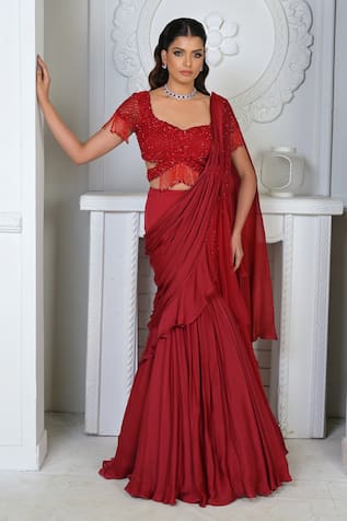 Vridhi Somaani Scarlet Pre-Draped Mermaid Saree With Blouse 