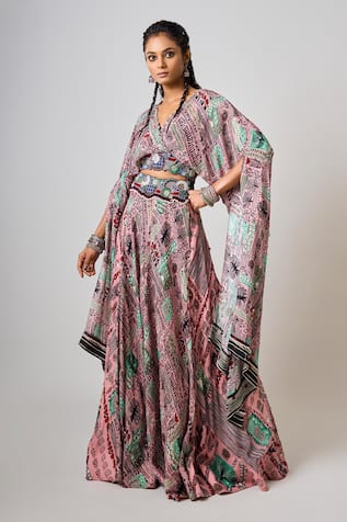 Embroidered Hem Top With Lehenga 