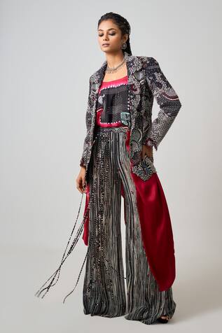 Aztec Blossom Embroidered Blazer Flared Pant Set 