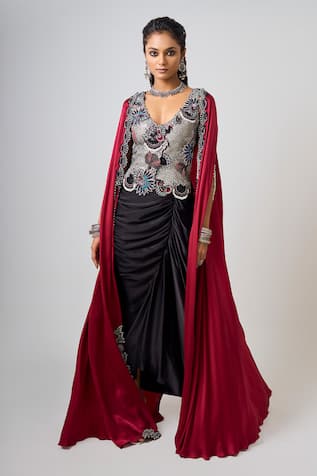 Floral Scallop Embroidered Cape Draped Skirt Set 