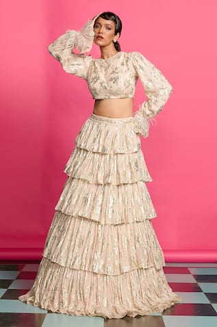 Priyanka Jain Glittery Fleur Pattern Embellished Tiered Lehenga With Crop Top 