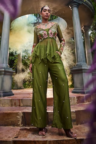 Show Shaa Adhira Floral Embroidered Peplum Tunic & Pant Set 