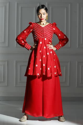 Monk & Mei Leaf Butti Pattern Peplum Kurta With Palazzo 